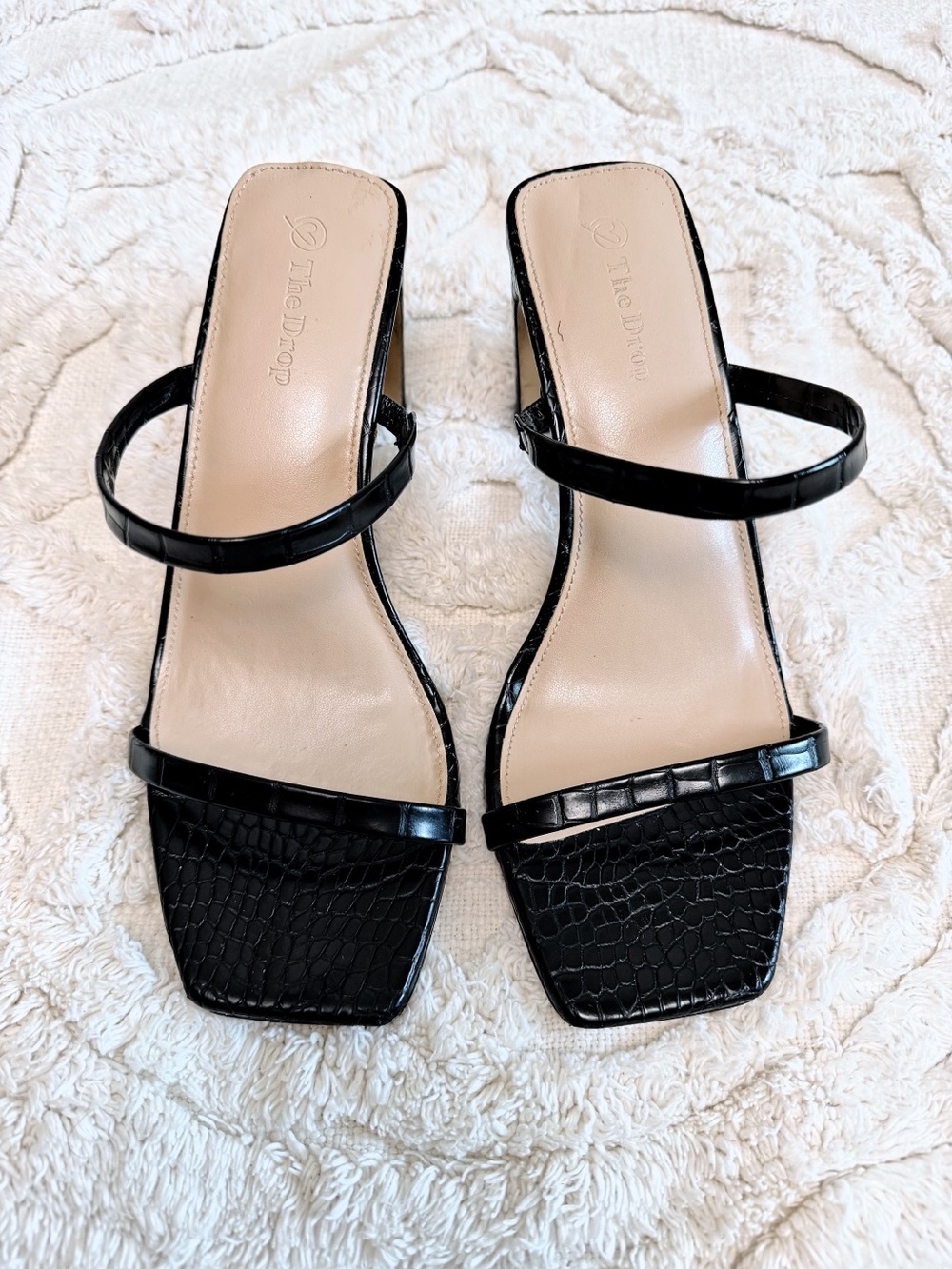 The Drop Black Croc Embossed Strappy Block Heel Sandals Size 7.5